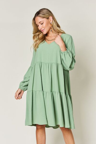 Double Take Full Size V-Neck Balloon Sleeve Tiered Dress with Pockets Light Green for a perfect OOTD – dress to impress outfits from Amexza