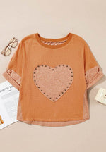 Stud Heart Patch Round Neck Short Sleeve T-Shirt - Amexza