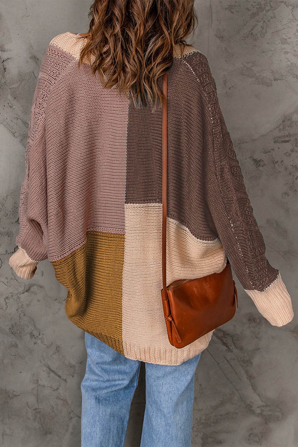 Woven Right Color Block Cable-Knit Batwing Sleeve Cardigan - Amexza