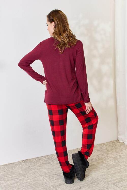 Zenana Full Size Plaid Round Neck Top and Pants Pajama Set for a perfect OOTD – dress to impress outfits from Amexza