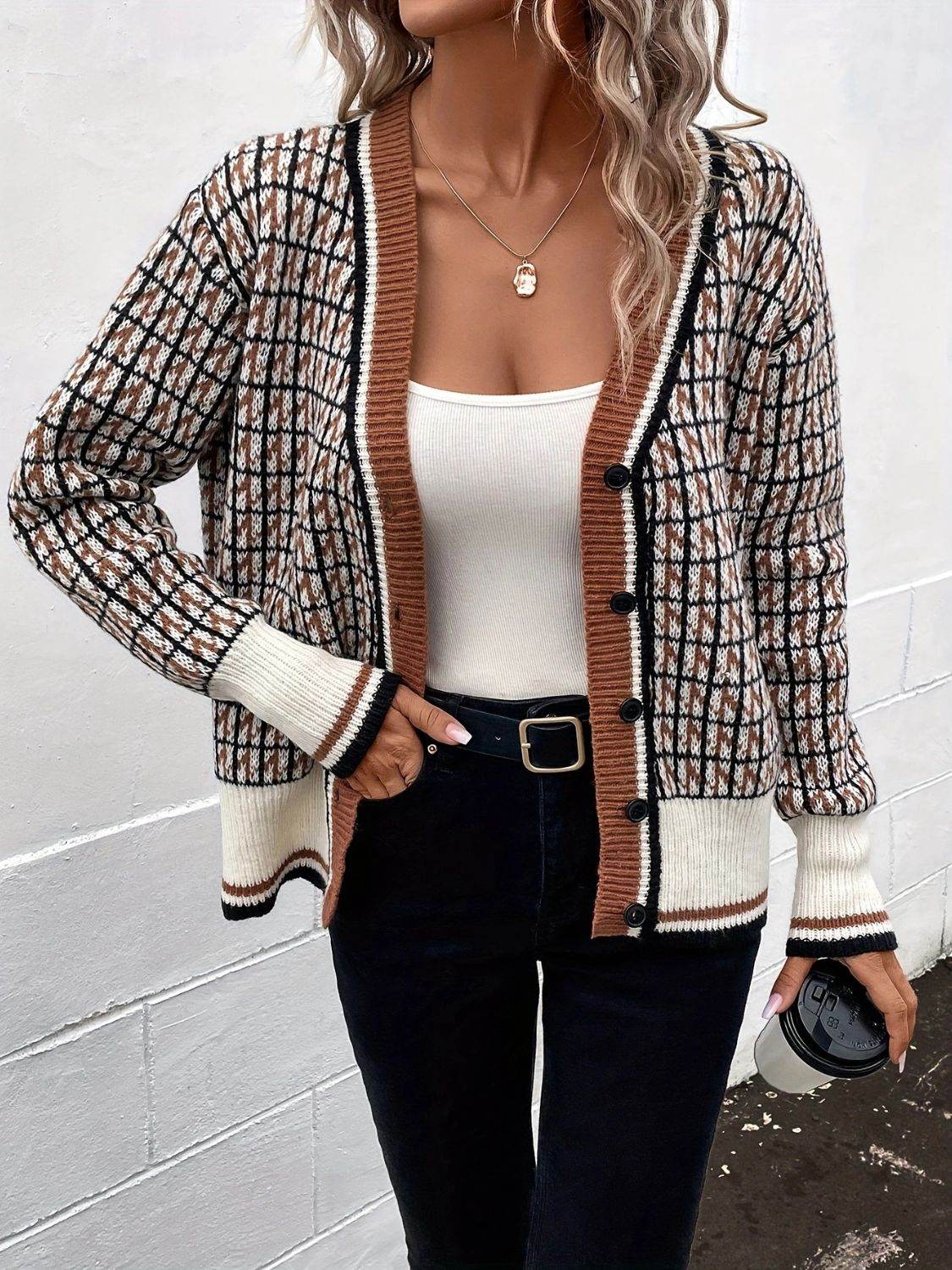 Plaid V-Neck Button Up Cardigan for a perfect OOTD – dress to impress outfits from Amexza