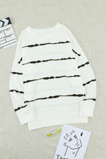 Slit Contrast Striped Round Neck Long Sleeve T-Shirt - Amexza