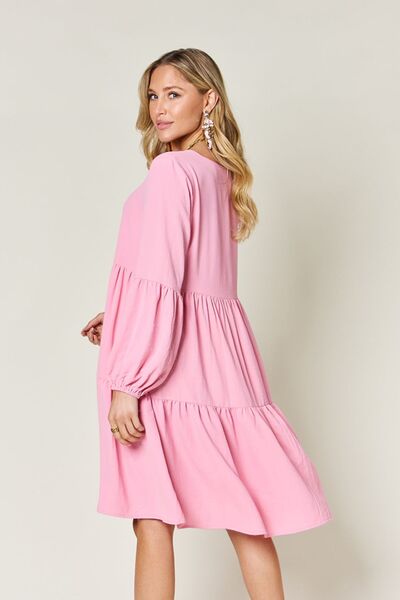 Double Take Full Size V-Neck Balloon Sleeve Tiered Dress with Pockets for a perfect OOTD – dress to impress outfits from Amexza