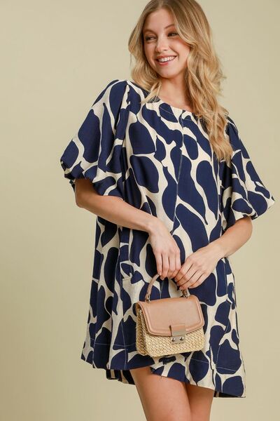 Umgee Two Tone Abstract Print Puff Sleeve Dress Navy for a perfect OOTD – dress to impress outfits from Amexza