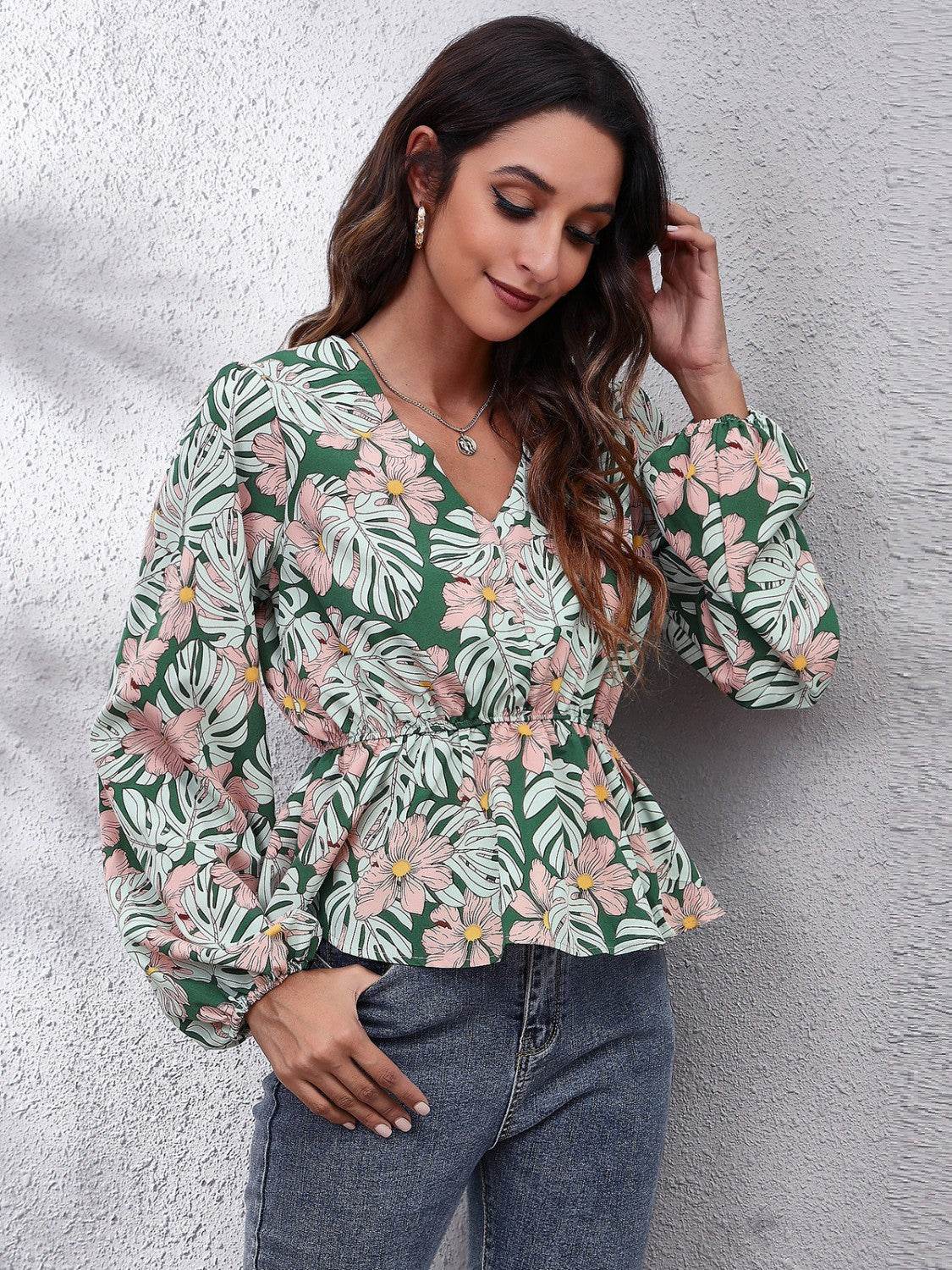 Floral V-Neck Balloon Sleeve Peplum Blouse - Amexza