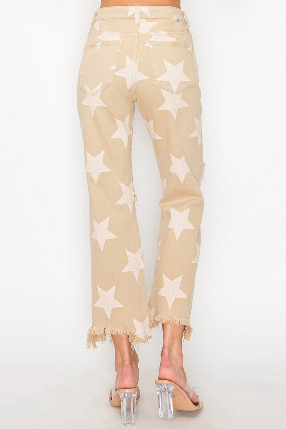 RISEN Full Size High Rise Star Printed Frayed Hem Jeans - Amexza
