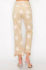 RISEN Full Size High Rise Star Printed Frayed Hem Jeans - Amexza