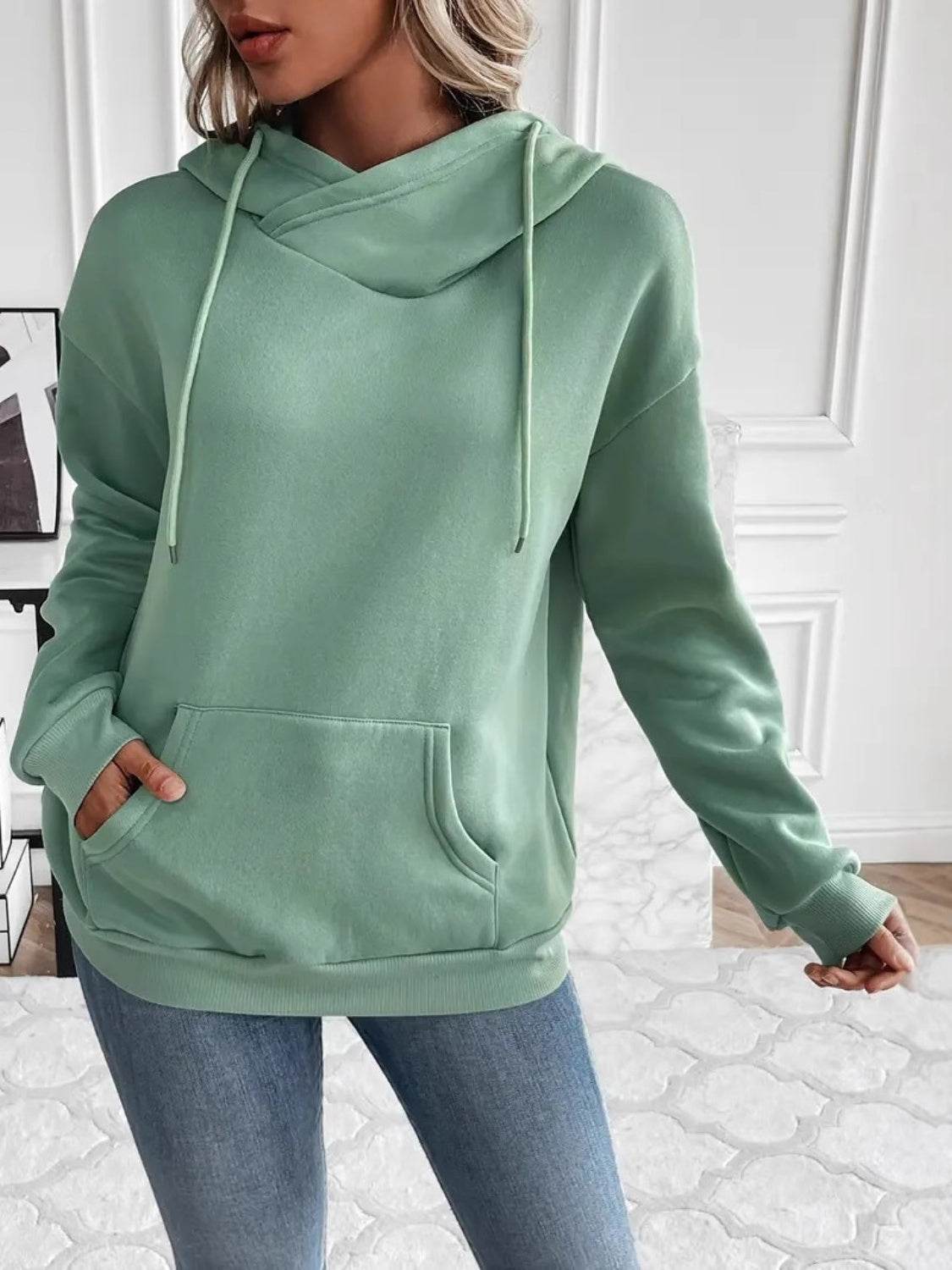 Drawstring Long Sleeve Hoodie with Kangaroo Pocket for a perfect OOTD – dress to impress outfits from Amexza