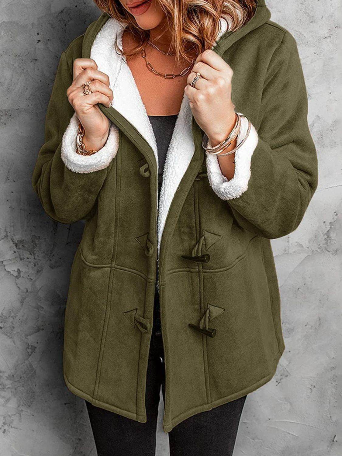 Full Size Pocketed Long Sleeve Hooded Toggle Jacket Army Green for a perfect OOTD – dress to impress outfits from Amexza