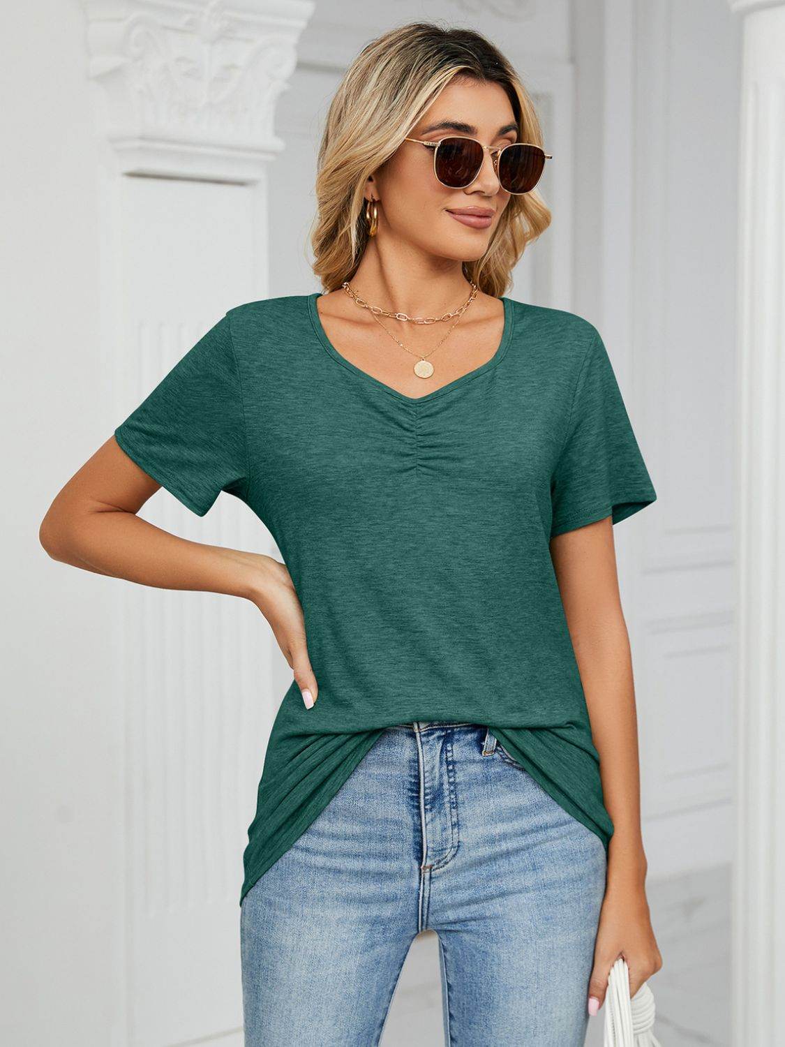 Ruched V-Neck Short Sleeve T-Shirt for a perfect OOTD – dress to impress outfits from Amexza