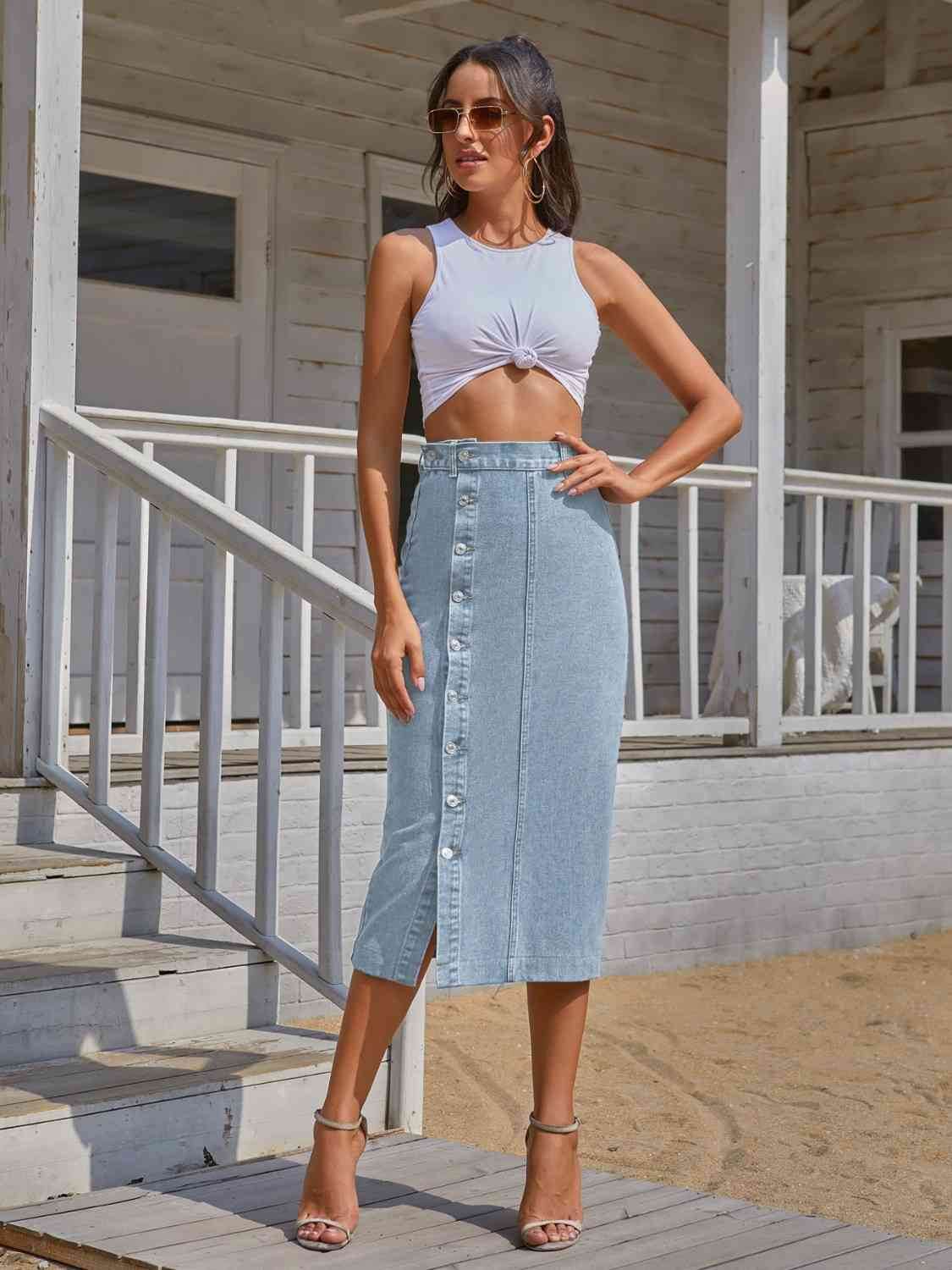 Button Down Denim Skirt - Amexza