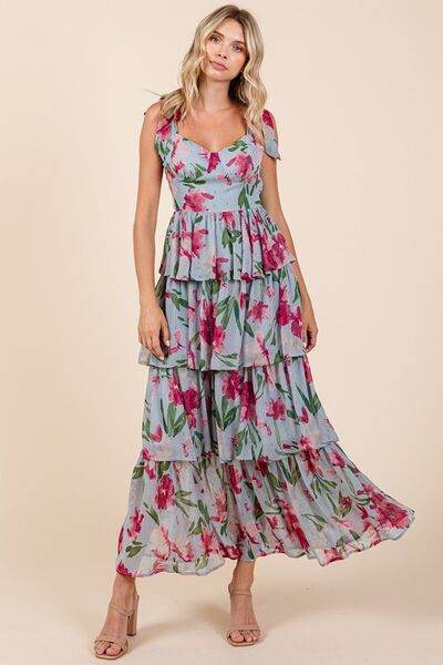 Mittoshop Layered Floral Sweetheart Neck Maxi Dress Dusty Blue for a perfect OOTD – dress to impress outfits from Amexza