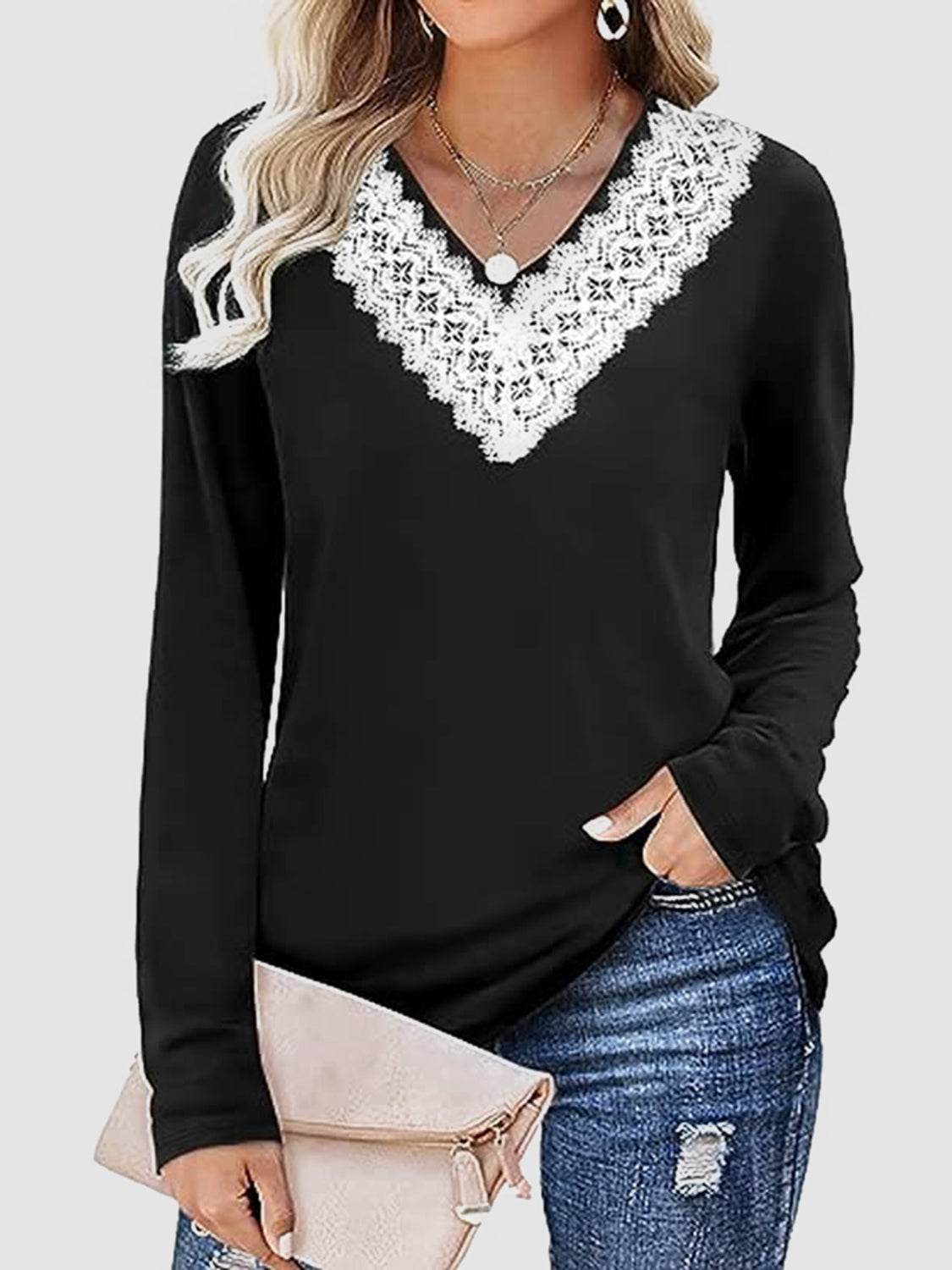 Lace Detail V-Neck Long Sleeve T-Shirt Black for a perfect OOTD – dress to impress outfits from Amexza