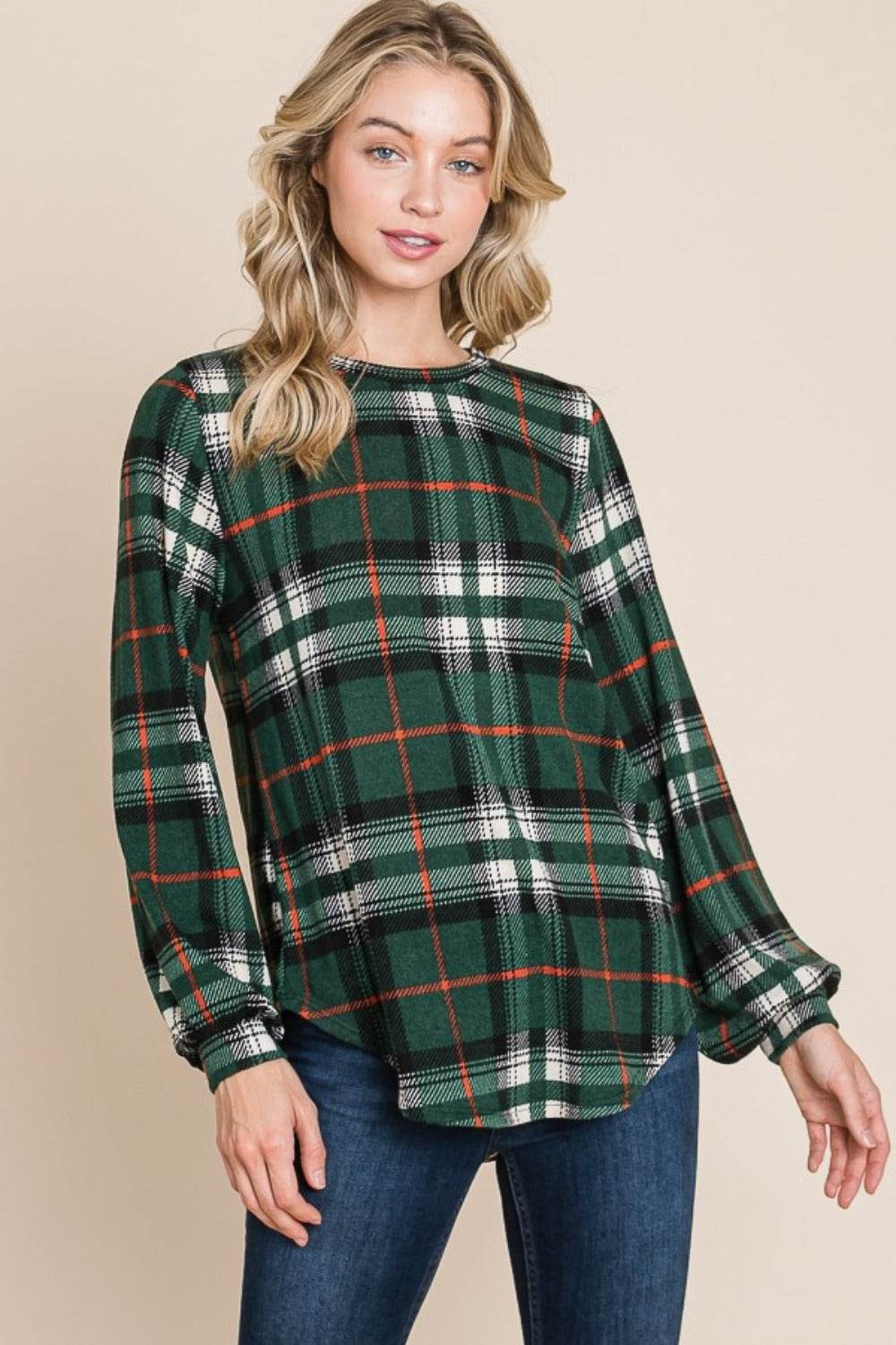 BOMBOM Curved Hem Plaid Round Neck Long Sleeve Top - Amexza