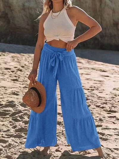 Tied Ruched Wide Leg Pants - Amexza