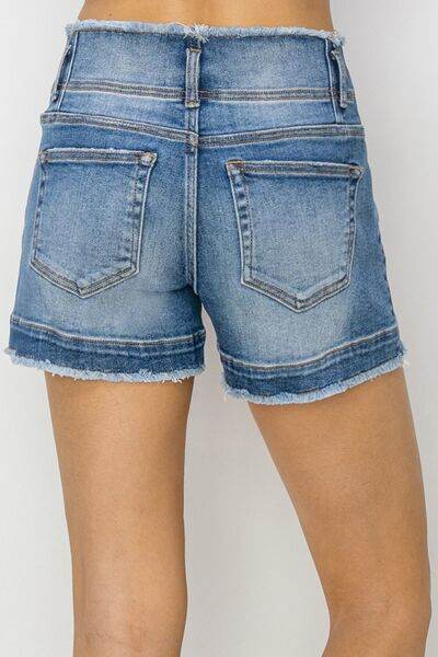 RISEN High Rise Seam Detailed Raw Edge Denim Shorts - Amexza