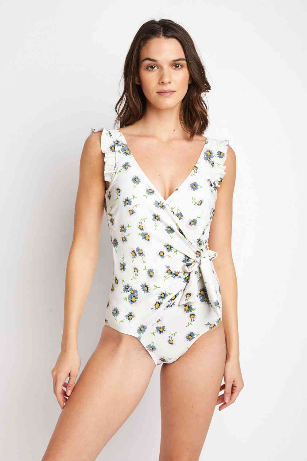 Marina West Swim Float On Ruffle Faux Wrap One-Piece in Daisy Cream for a perfect OOTD – dress to impress outfits from Amexza