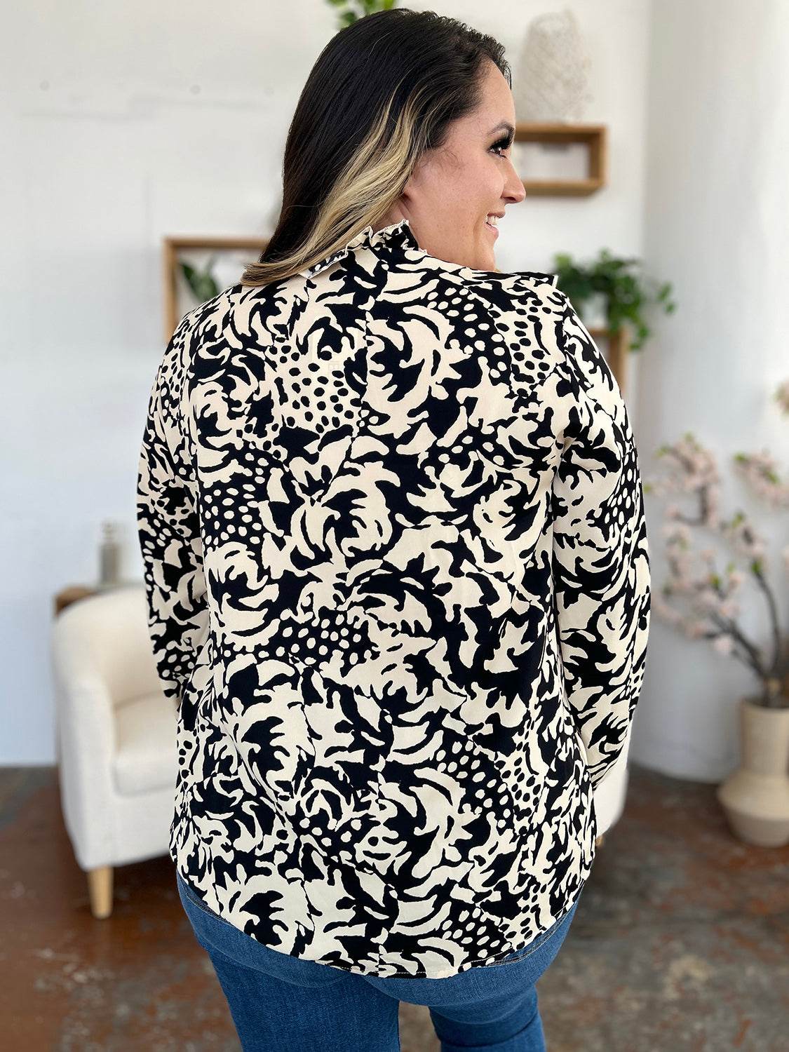 Double Take Full Size Printed Ruffle Trim Balloon Sleeve Shirt for a perfect OOTD – dress to impress outfits from Amexza