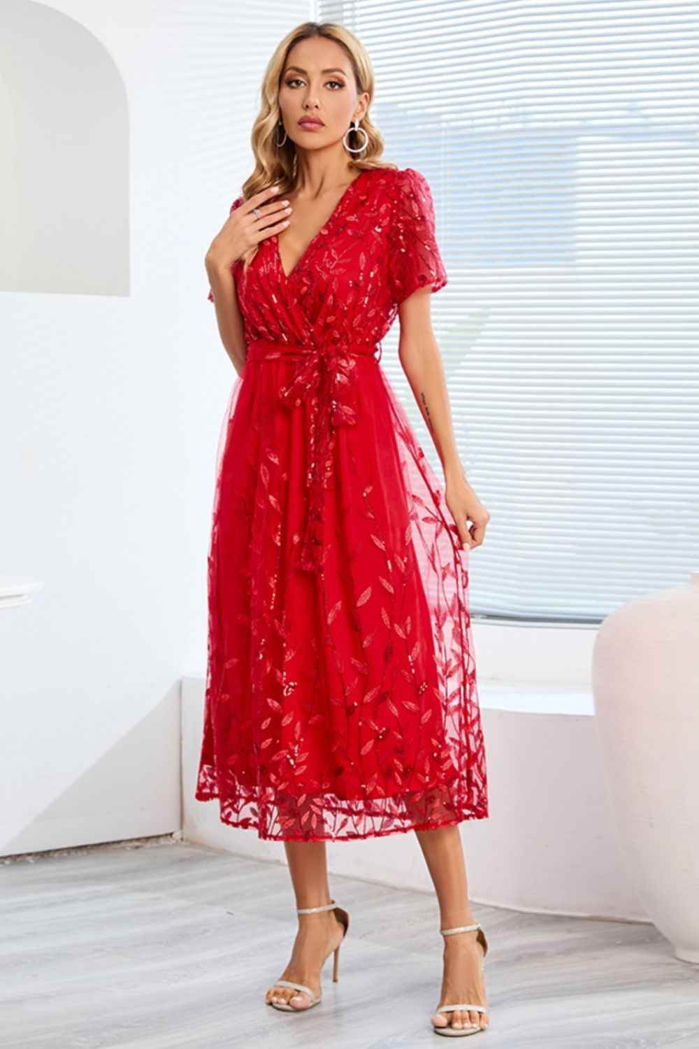 Sequin Leaf Embroidery Tie Front Short Sleeve Dress for a perfect OOTD – dress to impress outfits from Amexza