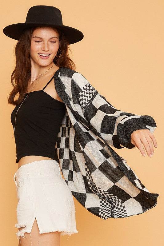 Annie Wear Checkered Open Front Drop Shoulder Cardigan for a perfect OOTD – dress to impress outfits from Amexza