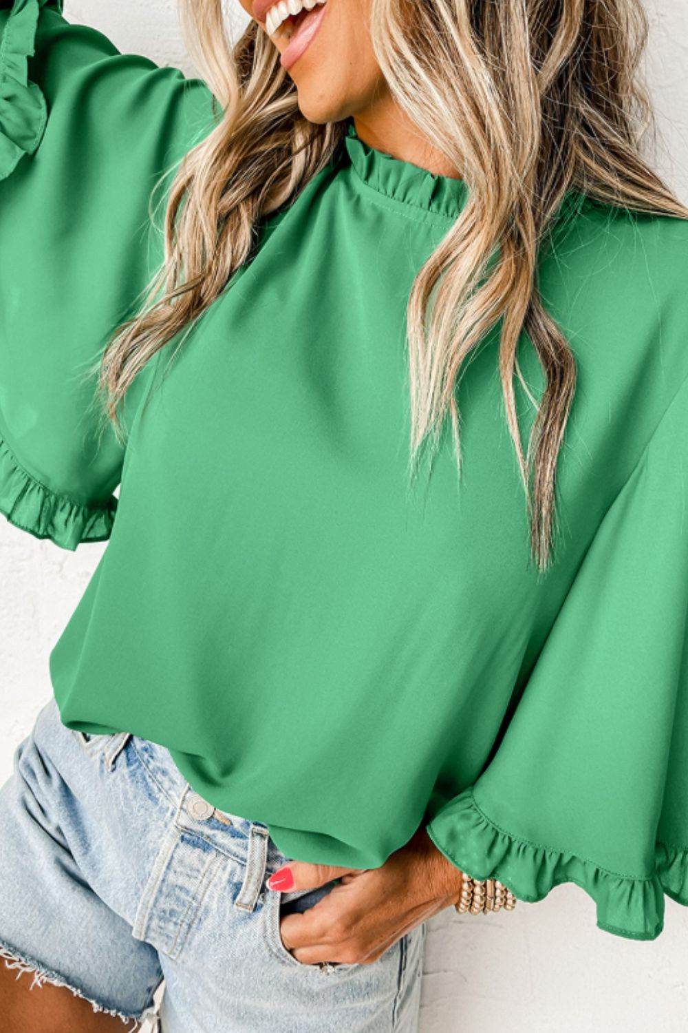 Frill Round Neck Wide Half Sleeve Blouse for a perfect OOTD – dress to impress outfits from Amexza