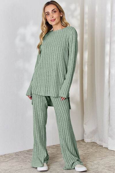 Basic Bae Full Size Ribbed High-Low Top and Wide Leg Pants Set Light Green for a perfect OOTD – dress to impress outfits from Amexza