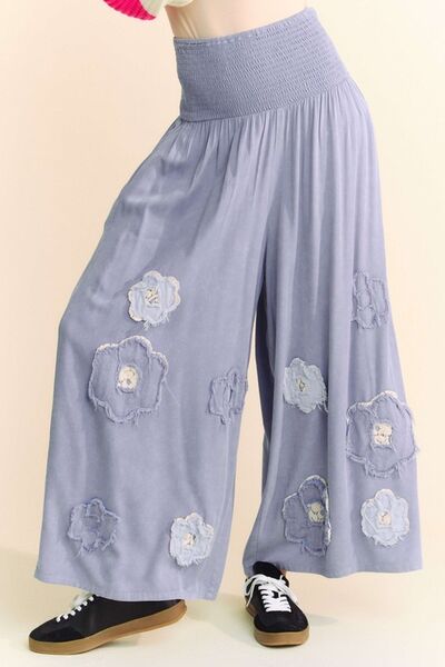 Davi & Dani Smocked Waist Flower Patch Wide Leg Pants Blue for a perfect OOTD – dress to impress outfits from Amexza