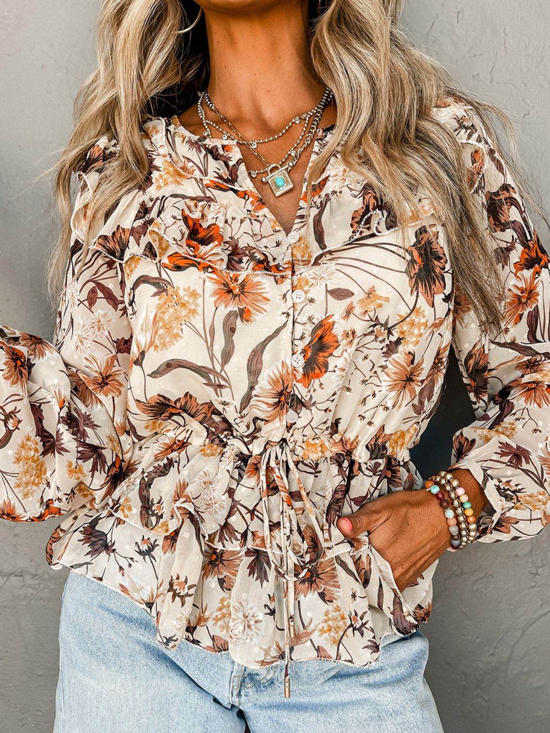 Drawstring Floral Lantern Sleeve Blouse for a perfect OOTD – dress to impress outfits from Amexza