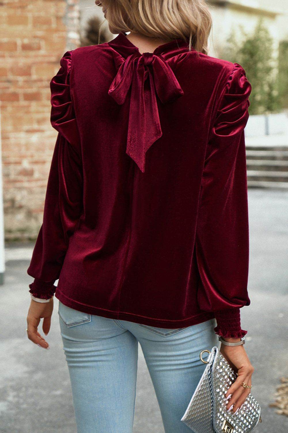 Tie Up Mock Neck Velvet Fabric Long Sleeve Blouse for a perfect OOTD – dress to impress outfits from Amexza