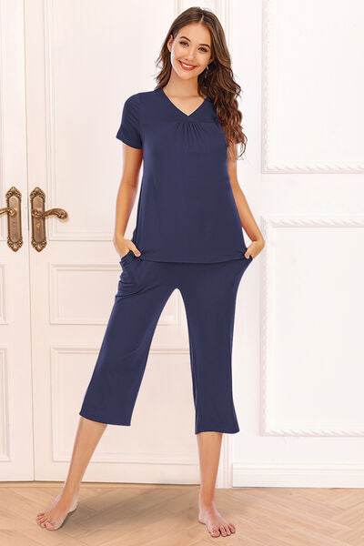 V-Neck Short Sleeve Top and Pants Lounge Set Dark Blue for a perfect OOTD – dress to impress outfits from Amexza