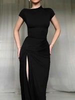 Ruched Slit Cap Sleeve Maxi Dress
