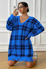 Plaid V-Neck Long Sleeve Sweater Dress for a perfect OOTD – dress to impress outfits from Amexza
