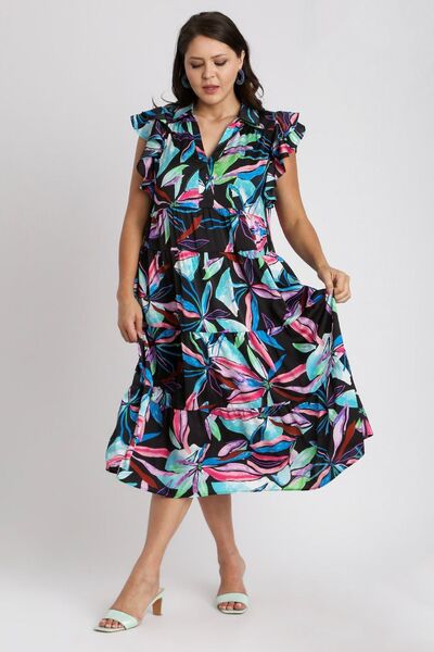 Umgee Full Size Leaf Print Double Layered Ruffle Sleeve Tiered Midi Dress Plus Size for a perfect OOTD – dress to impress outfits from Amexza