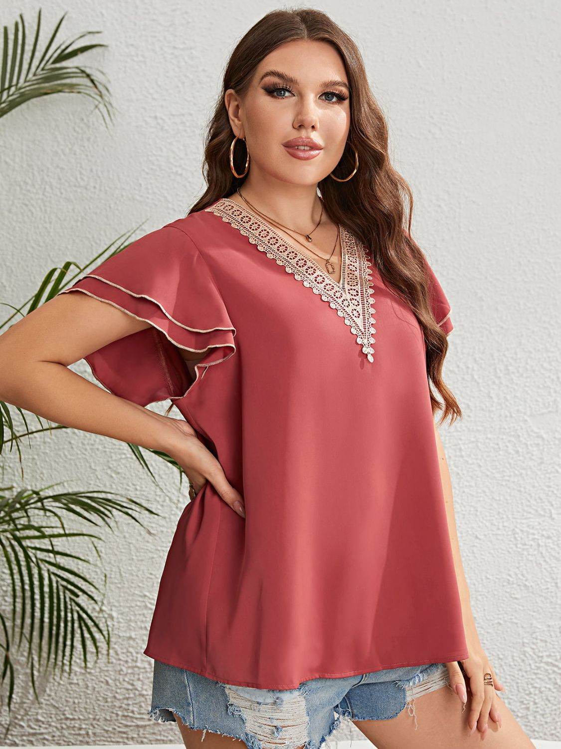 Honey Plus Size Contrast V-Neck Layered Flutter Sleeve Blouse - Amexza