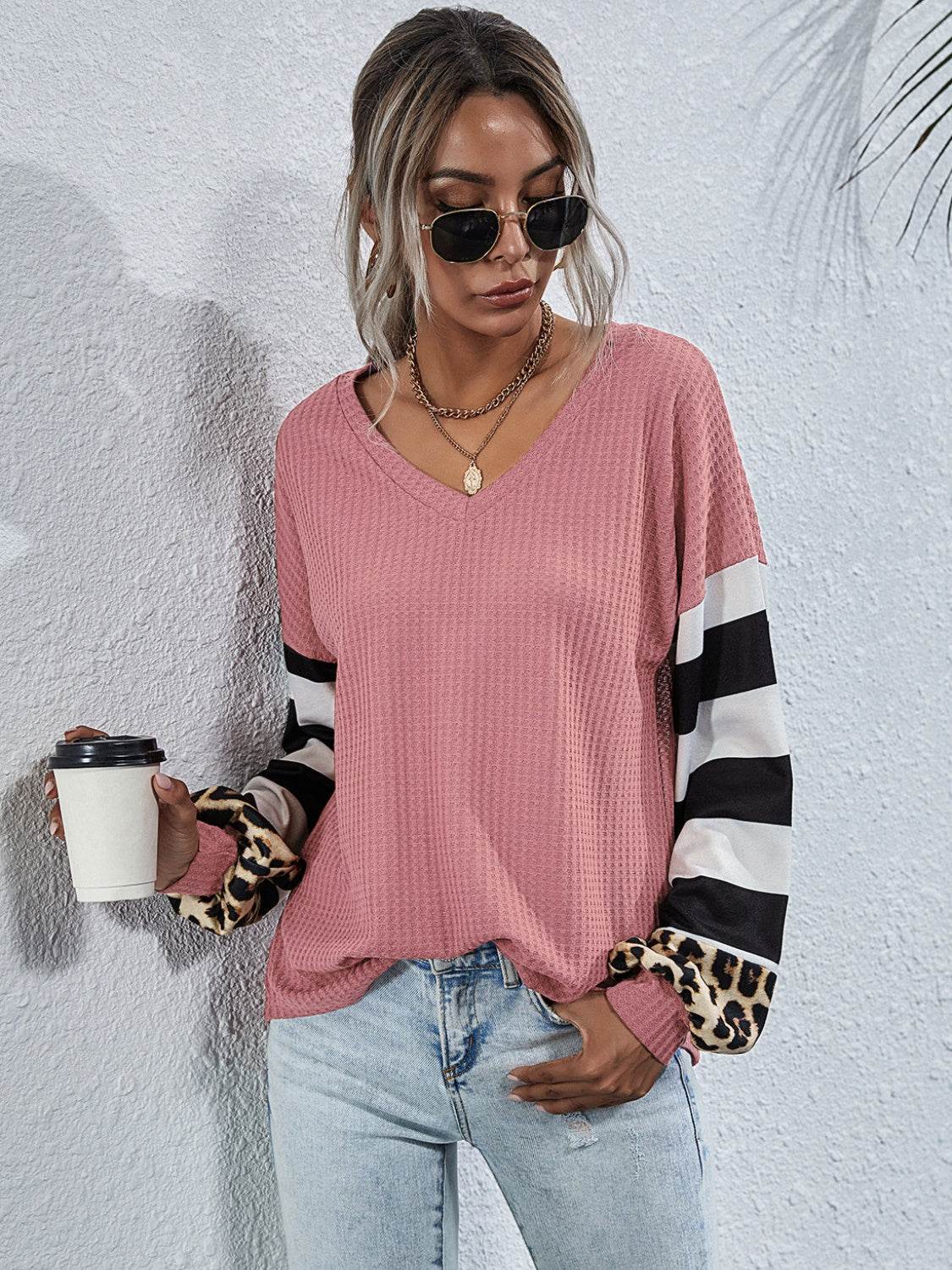 Leopard Striped Waffle-Knit Top Blush Pink for a perfect OOTD – dress to impress outfits from Amexza