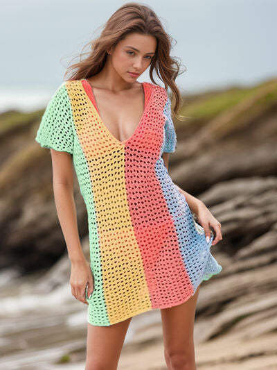 Openwork Color Block V-Neck Short Sleeve Cover-Up for a perfect OOTD – dress to impress outfits from Amexza