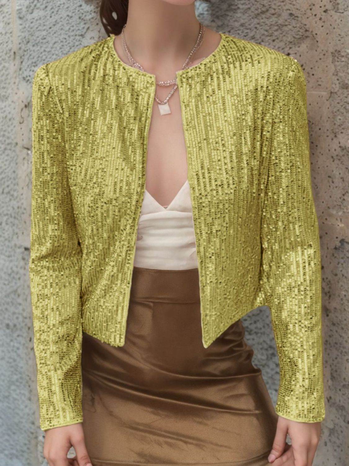 Full Size Sequin Open Front Cropped Jacket Gold for a perfect OOTD – dress to impress outfits from Amexza