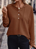 Drawstring Quarter Button Long Sleeve Hoodie Brown for a perfect OOTD – dress to impress outfits from Amexza