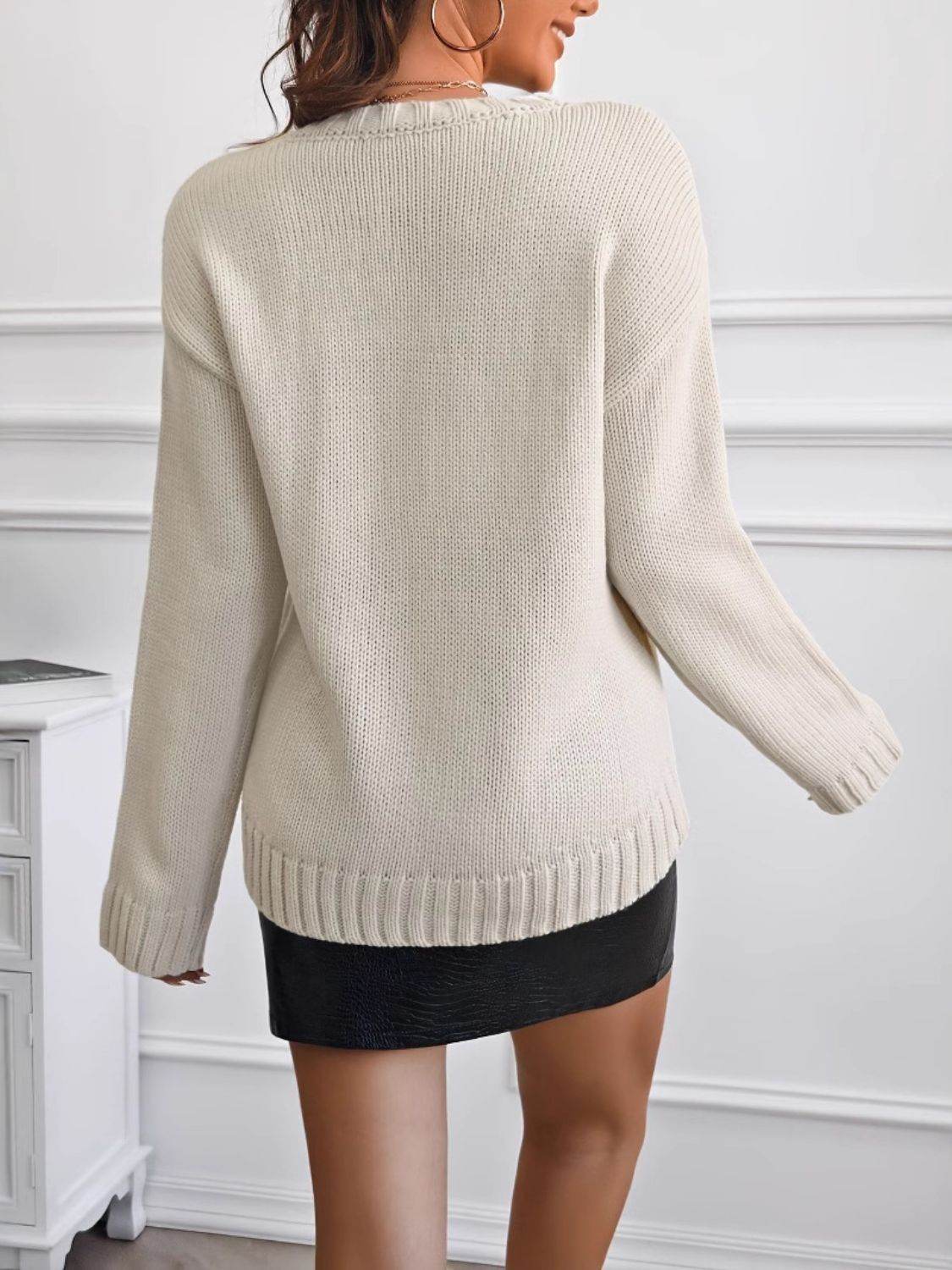 Round Neck Dropped Shoulder Sweater - Amexza