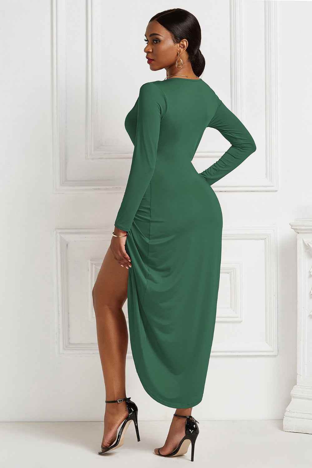 High-low Ruched Surplice Long Sleeve Dress for a perfect OOTD – dress to impress outfits from Amexza