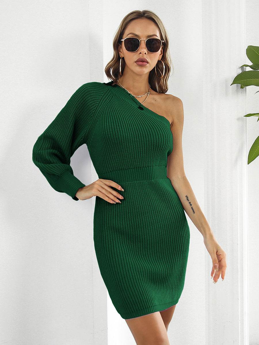 One-Shoulder Mini Sweater Dress - Amexza