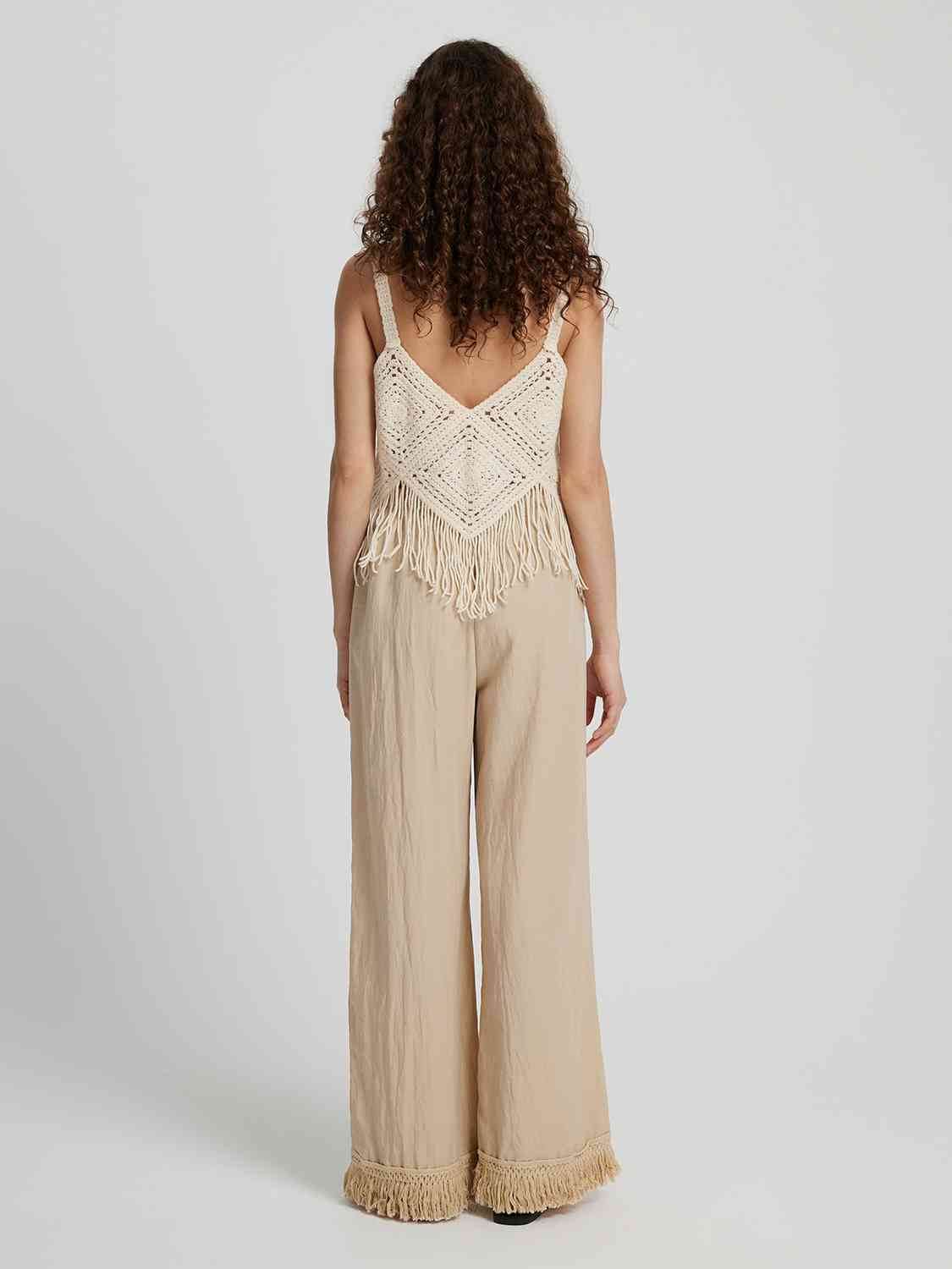 Honey Fringe Hem Wide Leg Long Pants - Amexza