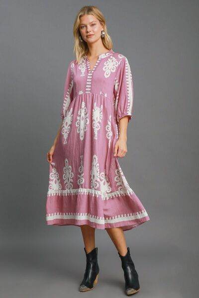 Umgee Printed Notched Midi Dress LT.MAUVE for a perfect OOTD – dress to impress outfits from Amexza