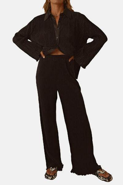 Textured Button Up Collared Neck Top and Pants Set Black for a perfect OOTD – dress to impress outfits from Amexza