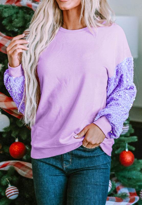 Sequin Round Neck Long Sleeve Sweatshirt Lavender for a perfect OOTD – dress to impress outfits from Amexza