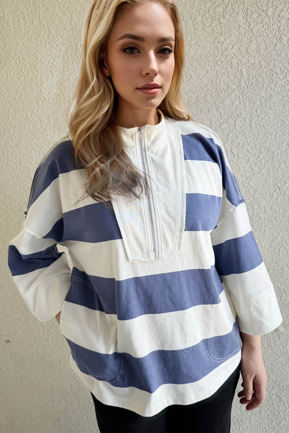 Oh Pima Cotton Wash Striped Half Zip Mock Neck Long Sleeve Top for a perfect OOTD – dress to impress outfits from Amexza