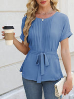 Tied Pleated Round Neck Short Sleeve Top - Amexza