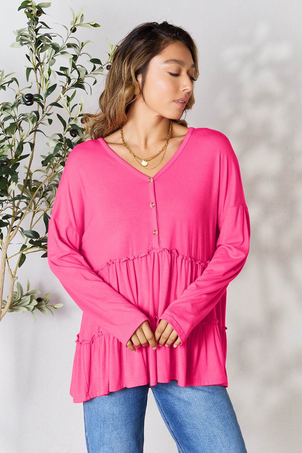 Double Take Half Button Long Sleeve Ruffle Hem Blouse for a perfect OOTD – dress to impress outfits from Amexza