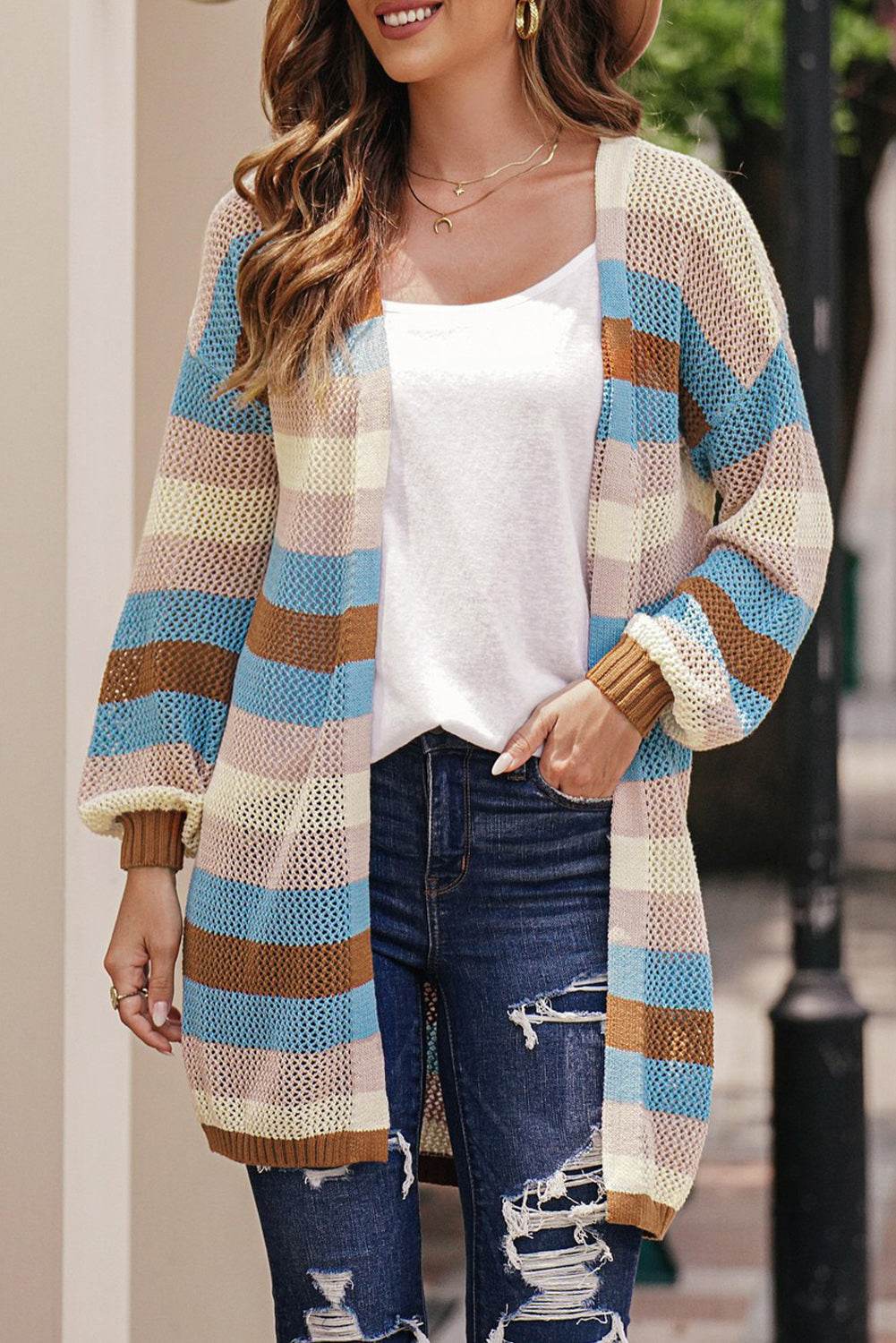 Full Size Striped Long Sleeve Openwork Cardigan Multicolor for a perfect OOTD – dress to impress outfits from Amexza