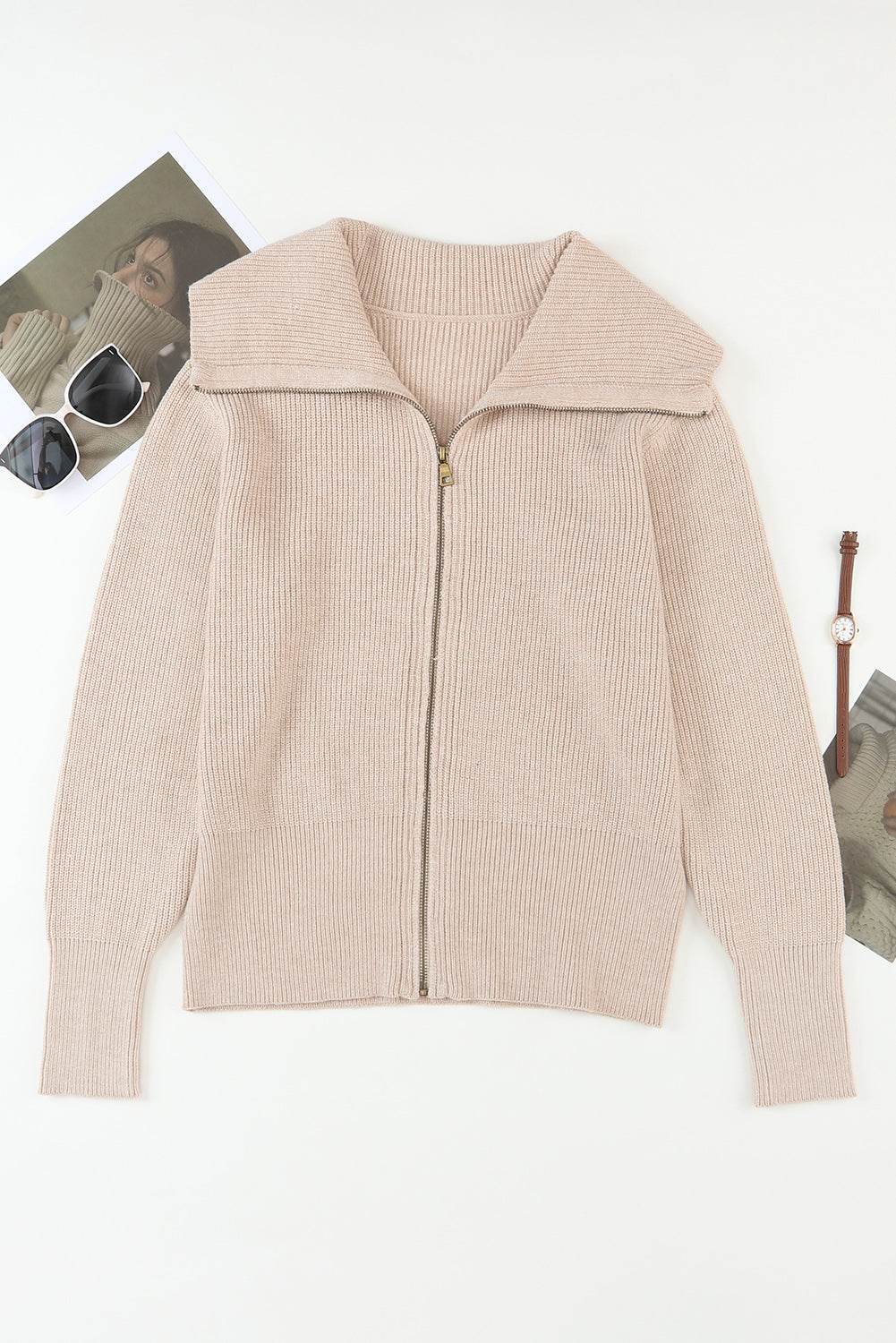 Zip Up Long Sleeve Cardigan - Amexza